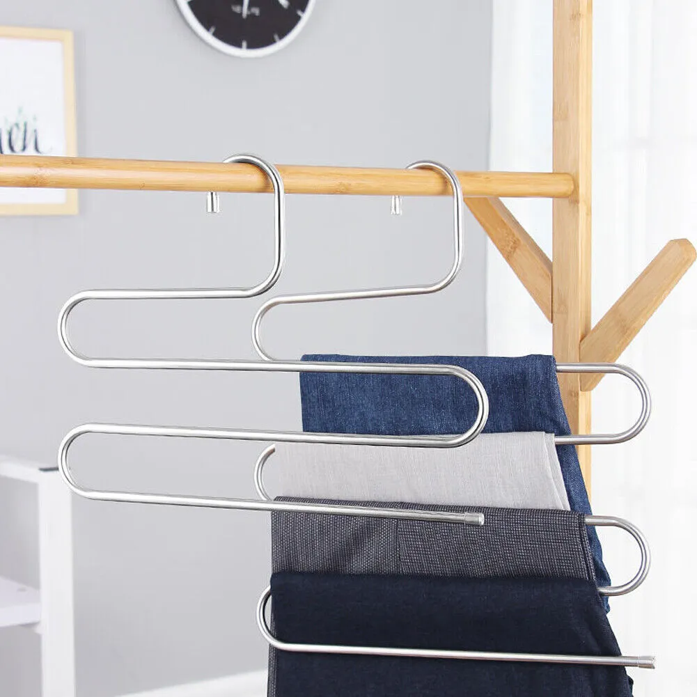 US 2-4 Pcs Trouser Pants Hanger Non-Slip S-Shape 5-Layer Rack Closet Space Saver