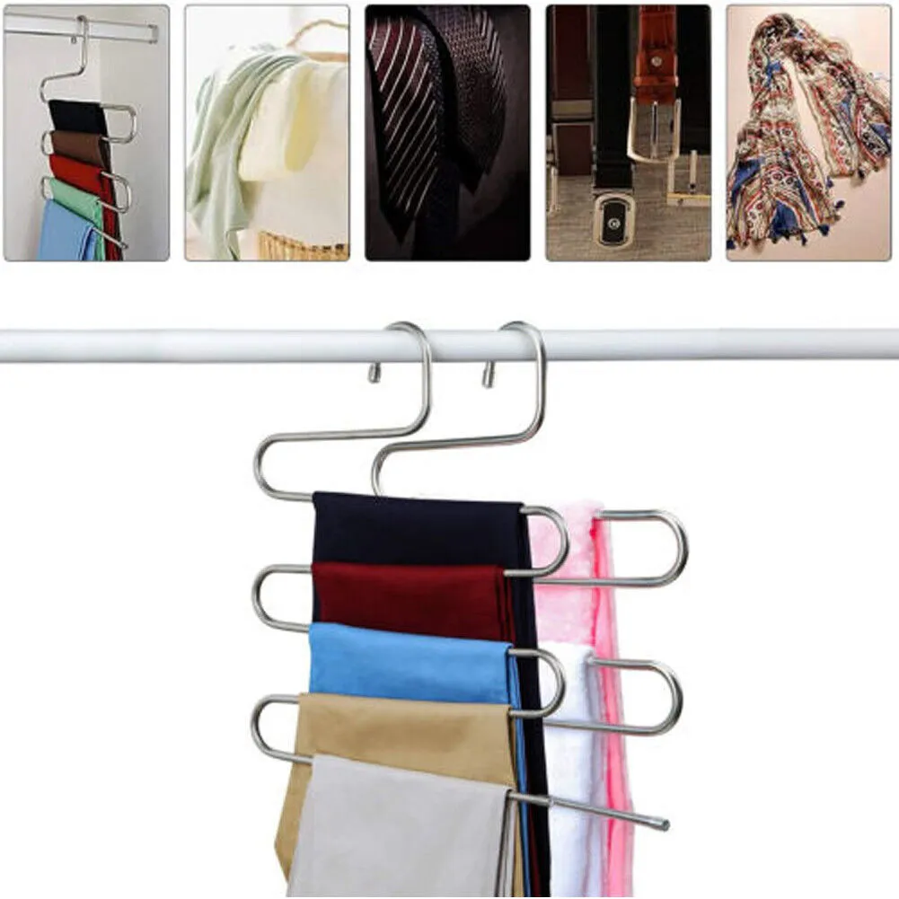 US 2-4 Pcs Trouser Pants Hanger Non-Slip S-Shape 5-Layer Rack Closet Space Saver