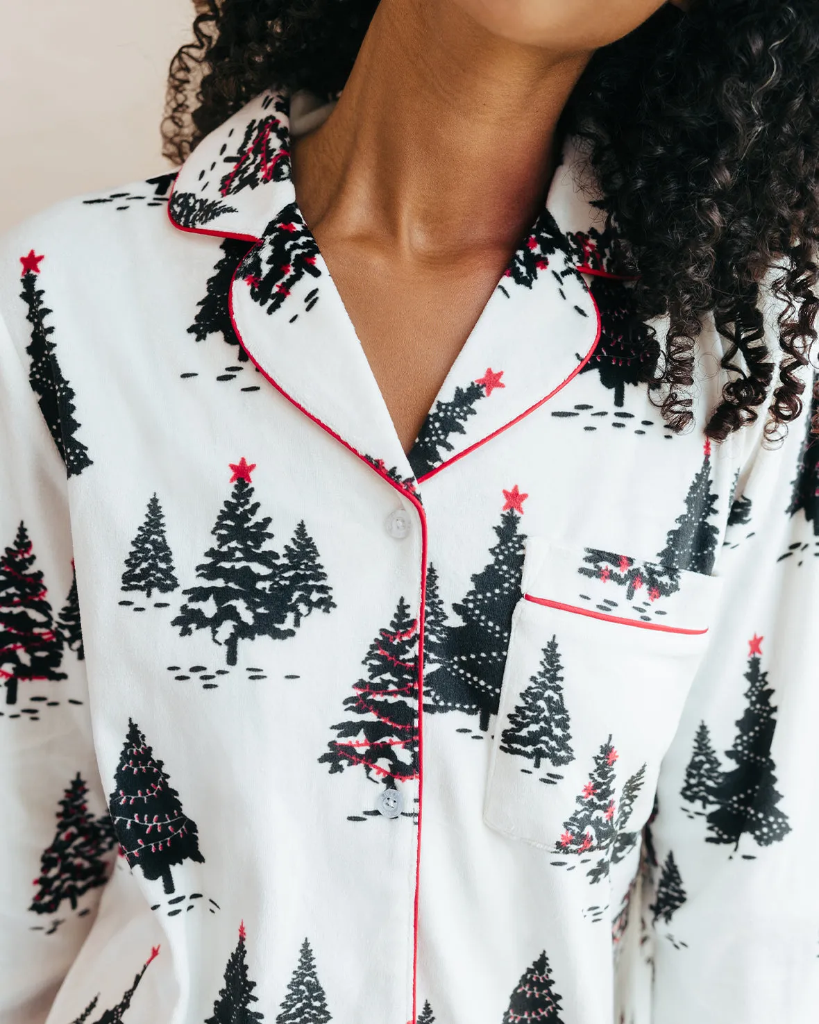 Velour Christmas Tree Print Long Pyjama Set - White