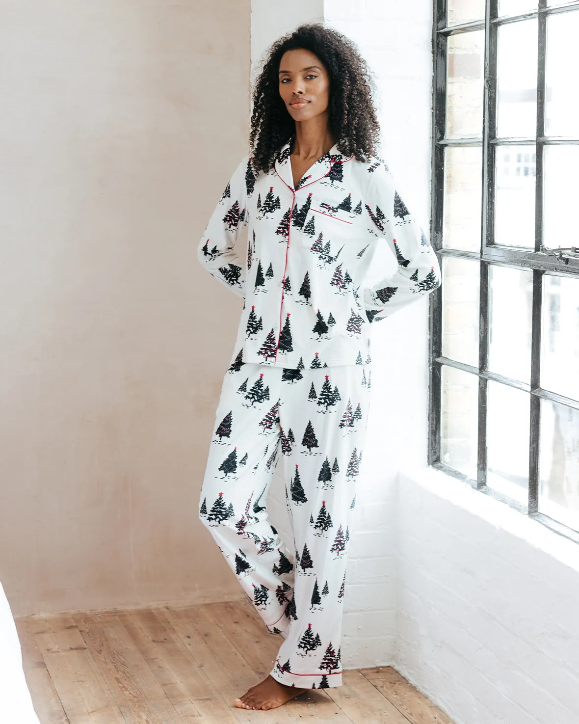 Velour Christmas Tree Print Long Pyjama Set - White