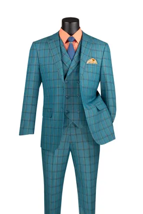 Vinci Modern Fit Windowpane Suit 3 Piece Teal MV2W-4