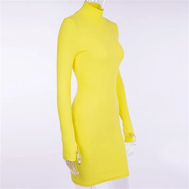 Wenkouban Turtleneck Long Sleeve Skinny Mini Dress Women Autumn  Sporting Style Dresses 4 Color Bodycon Slim Yellow Clubwear