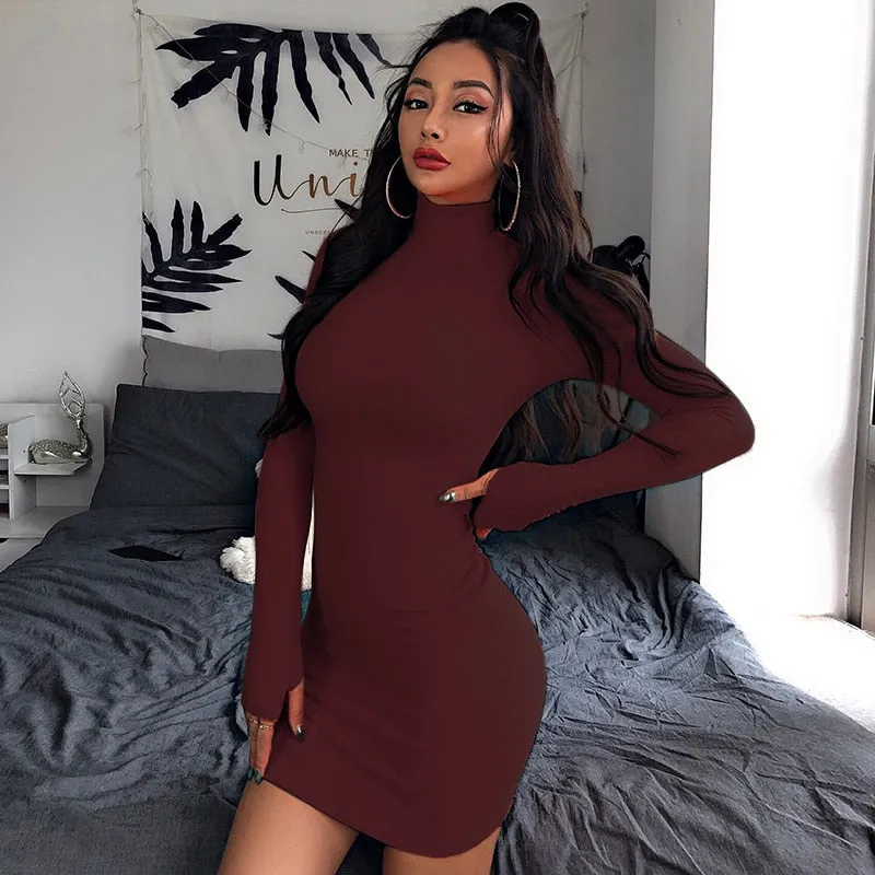 Wenkouban Turtleneck Long Sleeve Skinny Mini Dress Women Autumn  Sporting Style Dresses 4 Color Bodycon Slim Yellow Clubwear