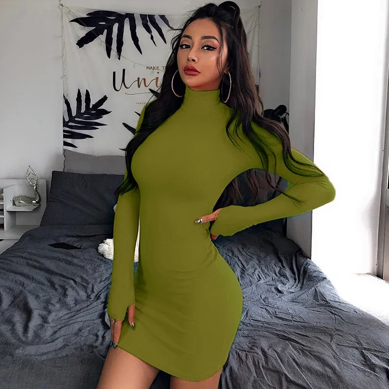 Wenkouban Turtleneck Long Sleeve Skinny Mini Dress Women Autumn  Sporting Style Dresses 4 Color Bodycon Slim Yellow Clubwear