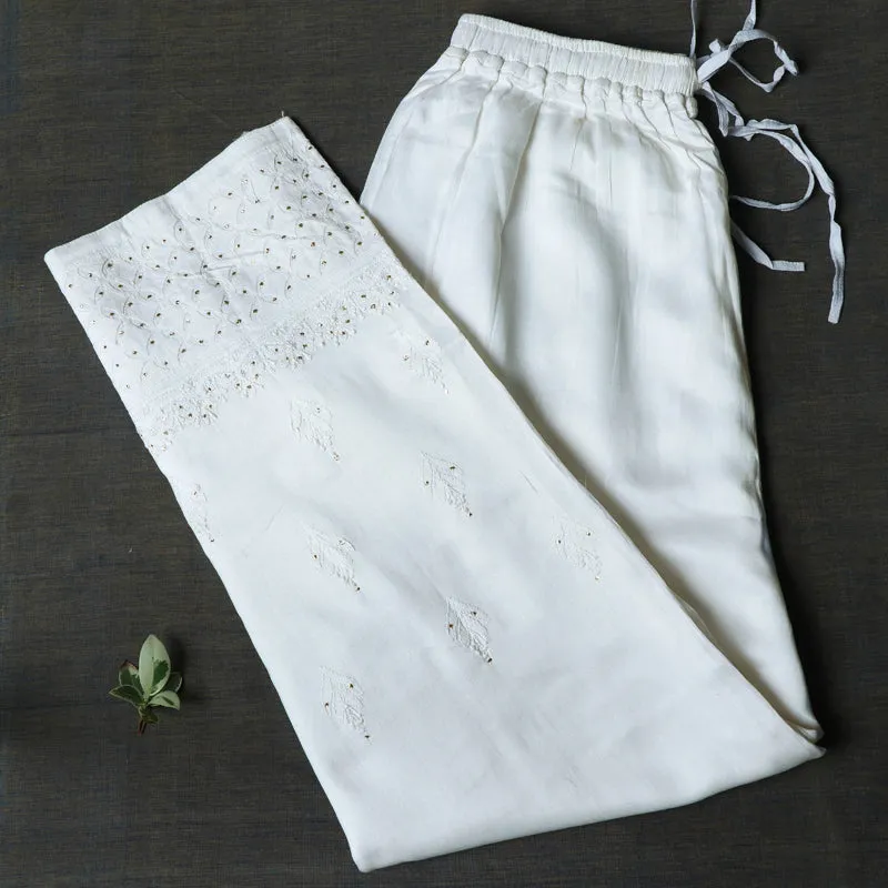 White - Lucknowi Daraz Applique Mukaish Chikan Embroidery Soft Silk Cotton Palazzo Pant