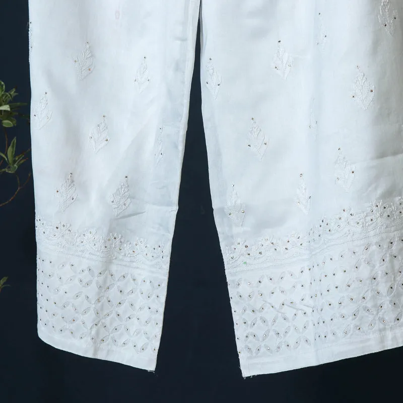 White - Lucknowi Daraz Applique Mukaish Chikan Embroidery Soft Silk Cotton Palazzo Pant