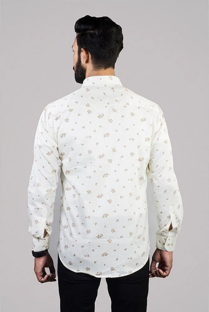 White Shirt for Men - White Floral Printed Spread Cotton Men Shirt