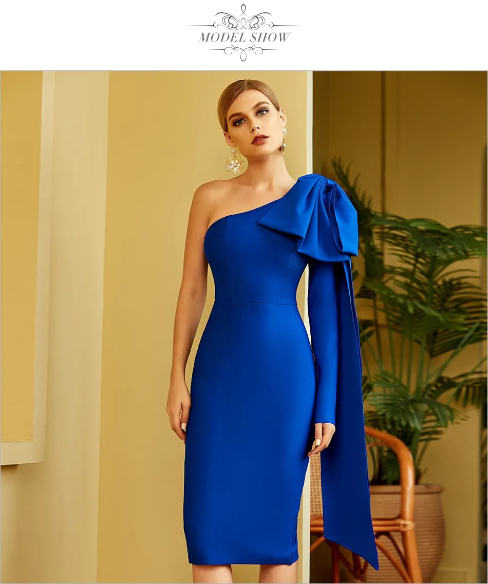 Winter One Shoulder Bodycon Bandage Dres Bow Long Sleeve Club Midi Celebrity Evening Runway Party Dresses