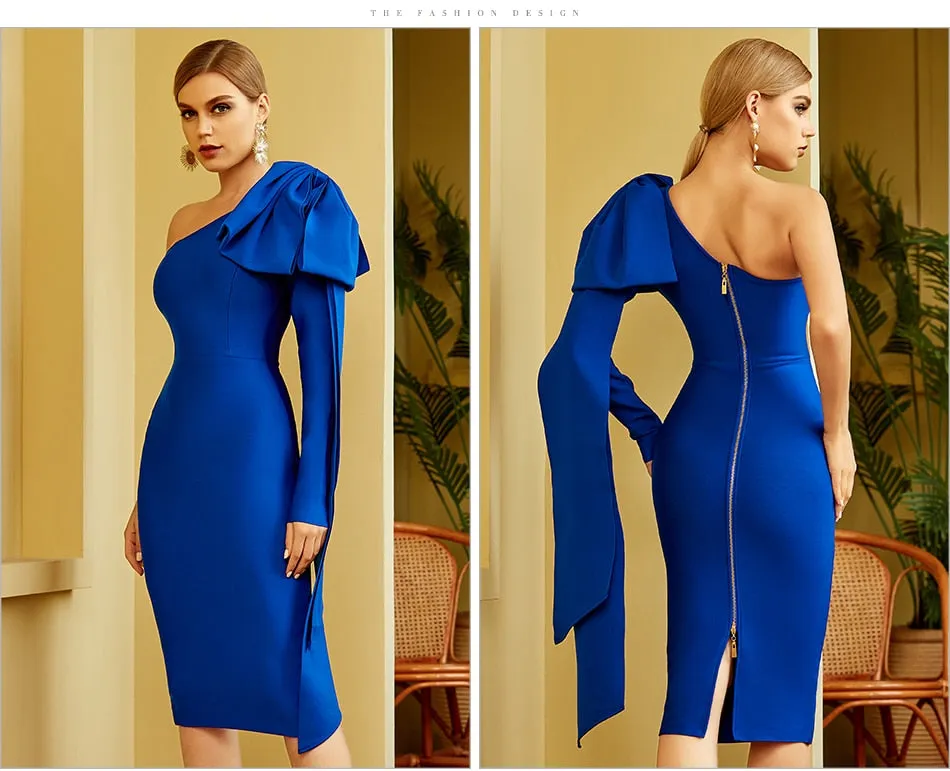 Winter One Shoulder Bodycon Bandage Dres Bow Long Sleeve Club Midi Celebrity Evening Runway Party Dresses