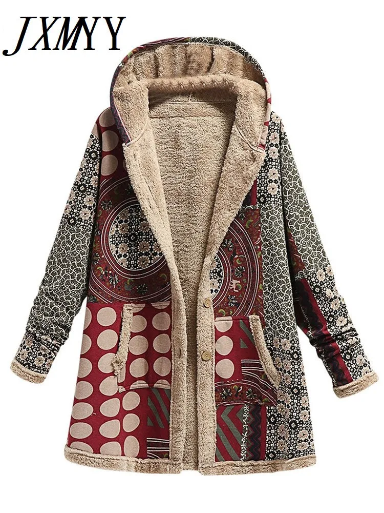 Wjczt 2022 Winter Vintage Women Coat Warm Printing Thick Fleece Hooded Long Jacket with Pocket Ladies Outwear Loose Coat for Women