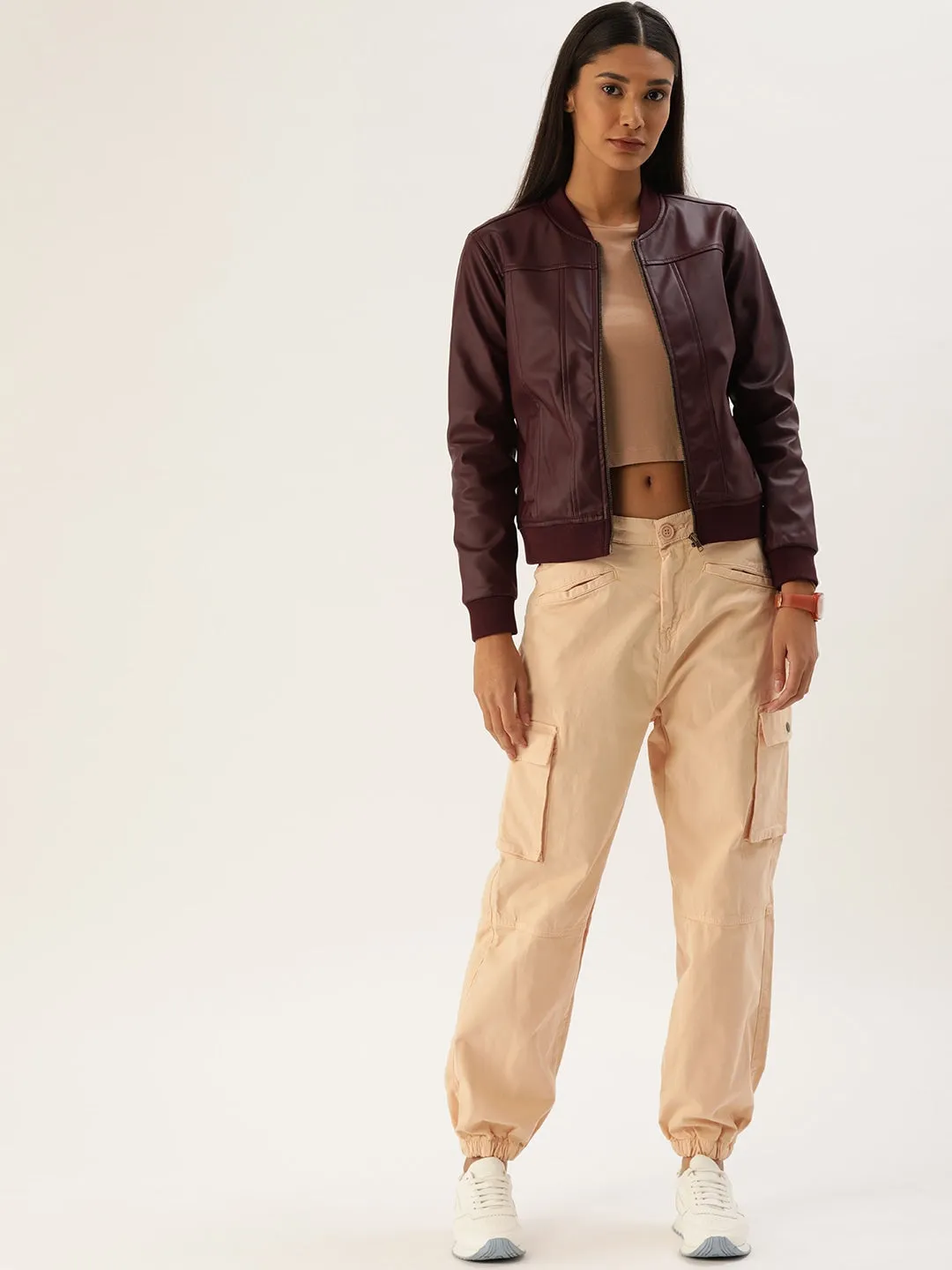 Women Maroon Solid Lightweight Bomber Jacket | QAWACH