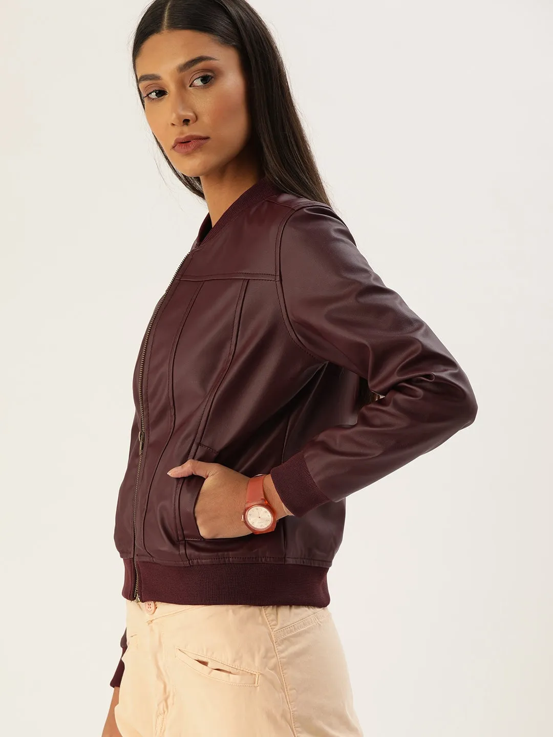 Women Maroon Solid Lightweight Bomber Jacket | QAWACH