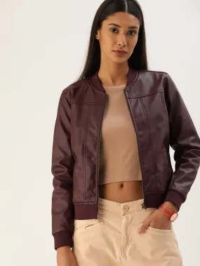 Women Maroon Solid Lightweight Bomber Jacket | QAWACH