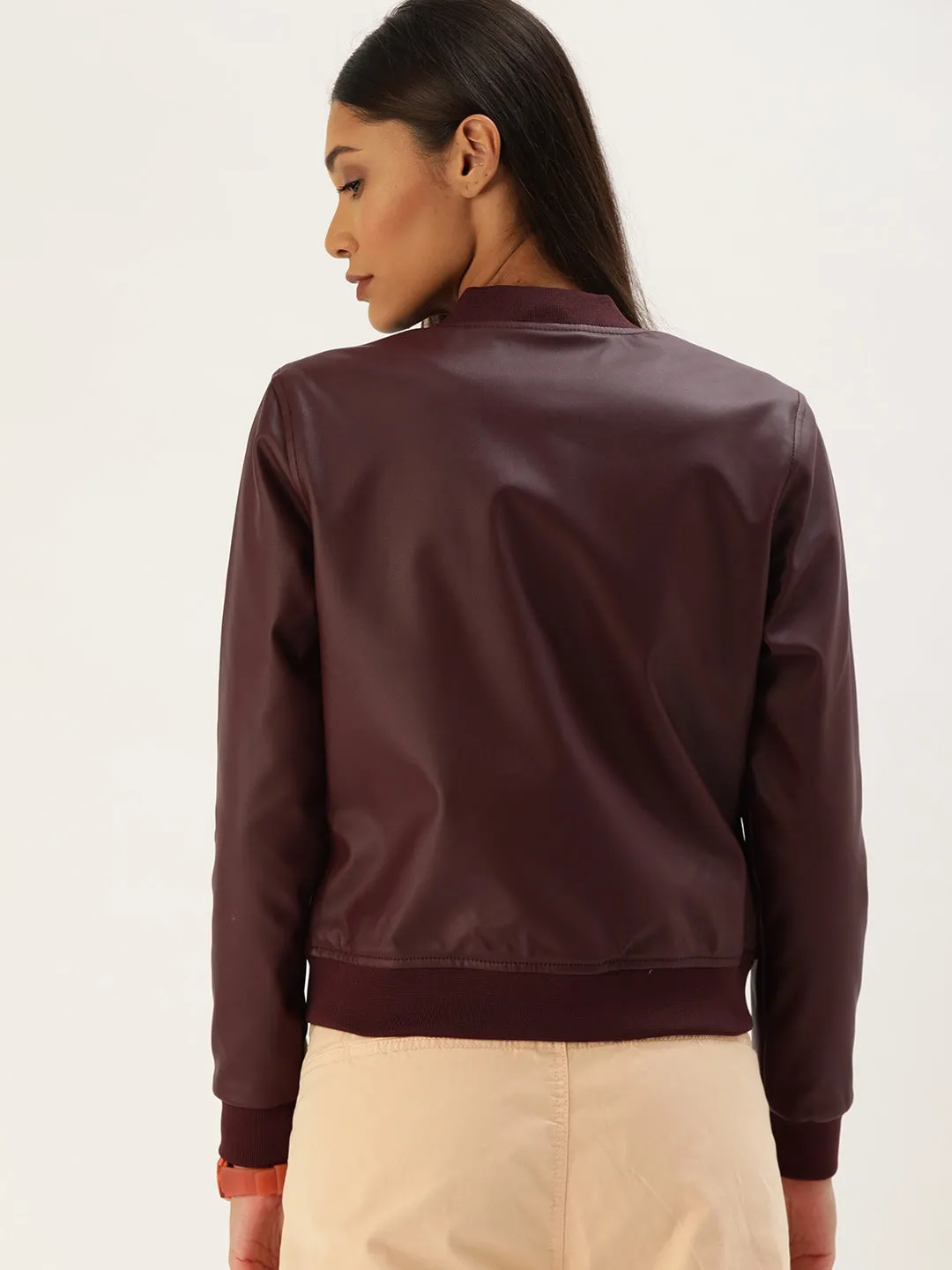 Women Maroon Solid Lightweight Bomber Jacket | QAWACH