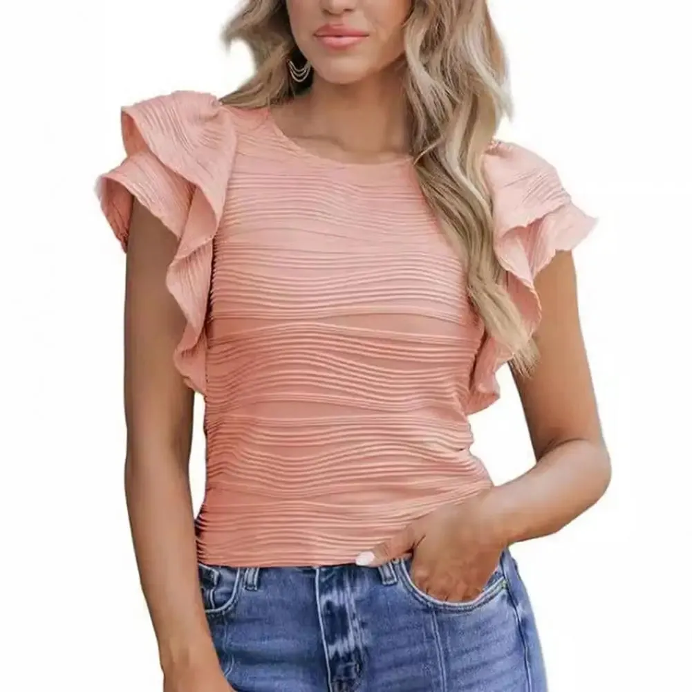 Women T-shirt O-neck Short Sleeve Solid Color Slim Fit Pleated Blouse