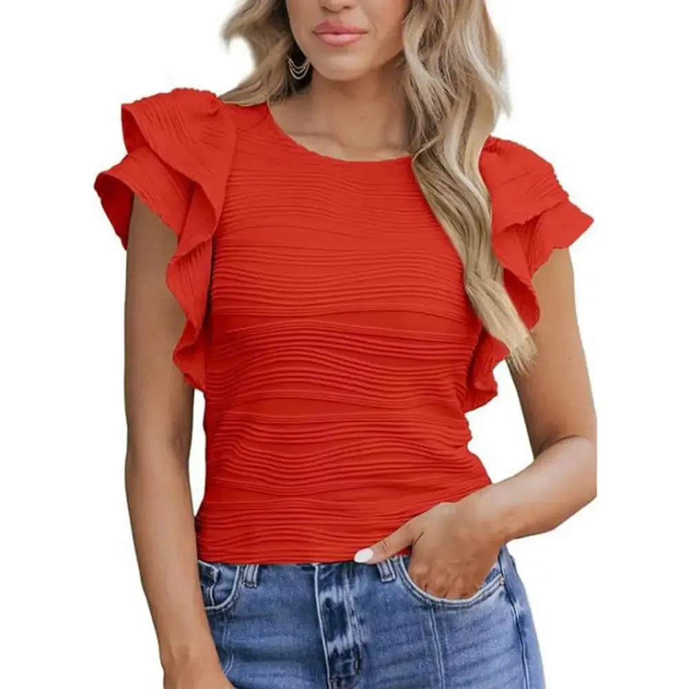 Women T-shirt O-neck Short Sleeve Solid Color Slim Fit Pleated Blouse