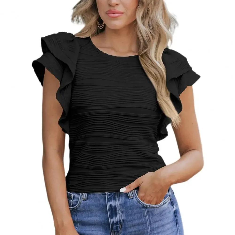 Women T-shirt O-neck Short Sleeve Solid Color Slim Fit Pleated Blouse