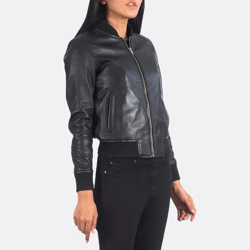 Women's Bliss Black Leather Bomber Jacket