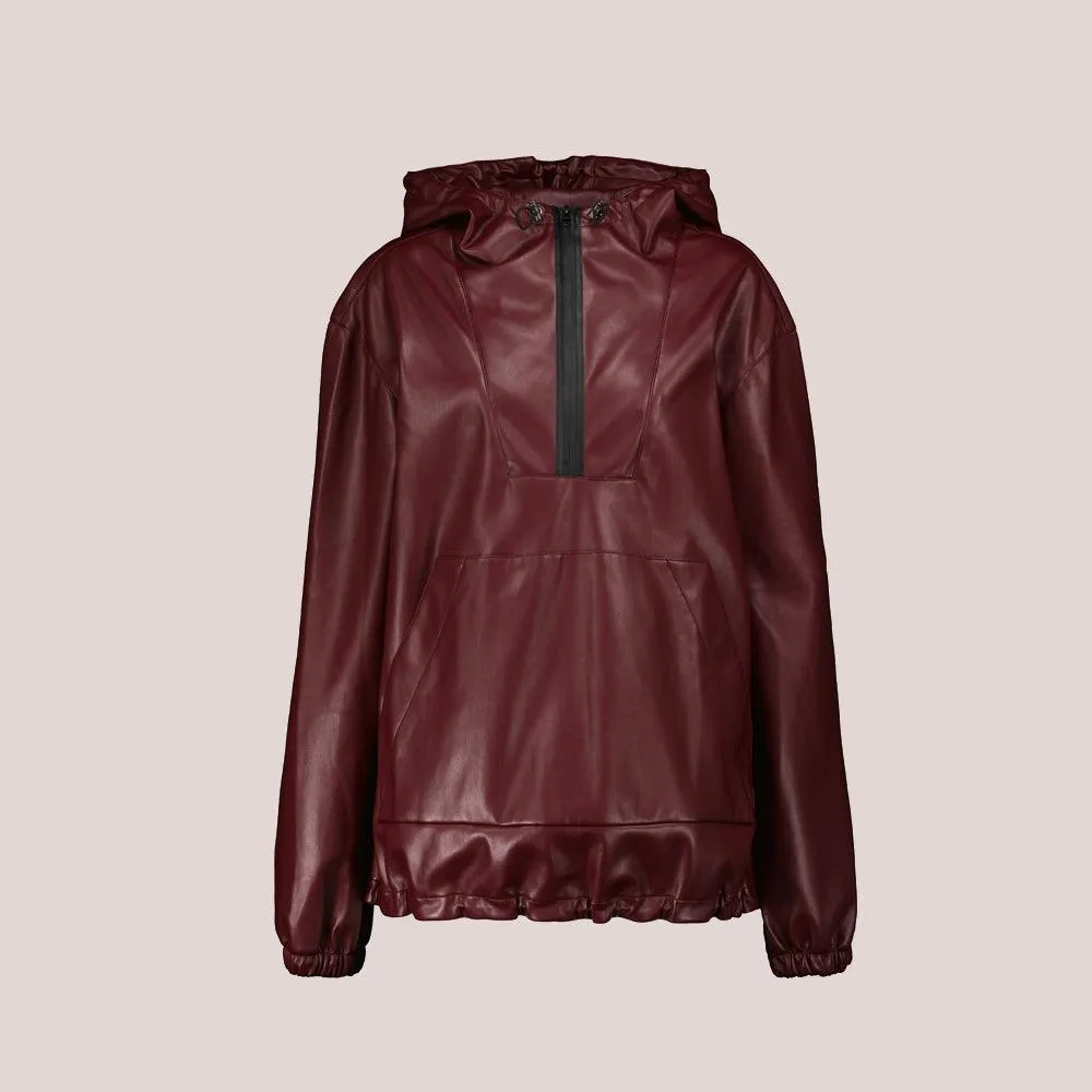 Women's Red Hooded Leather Bomber Jacket